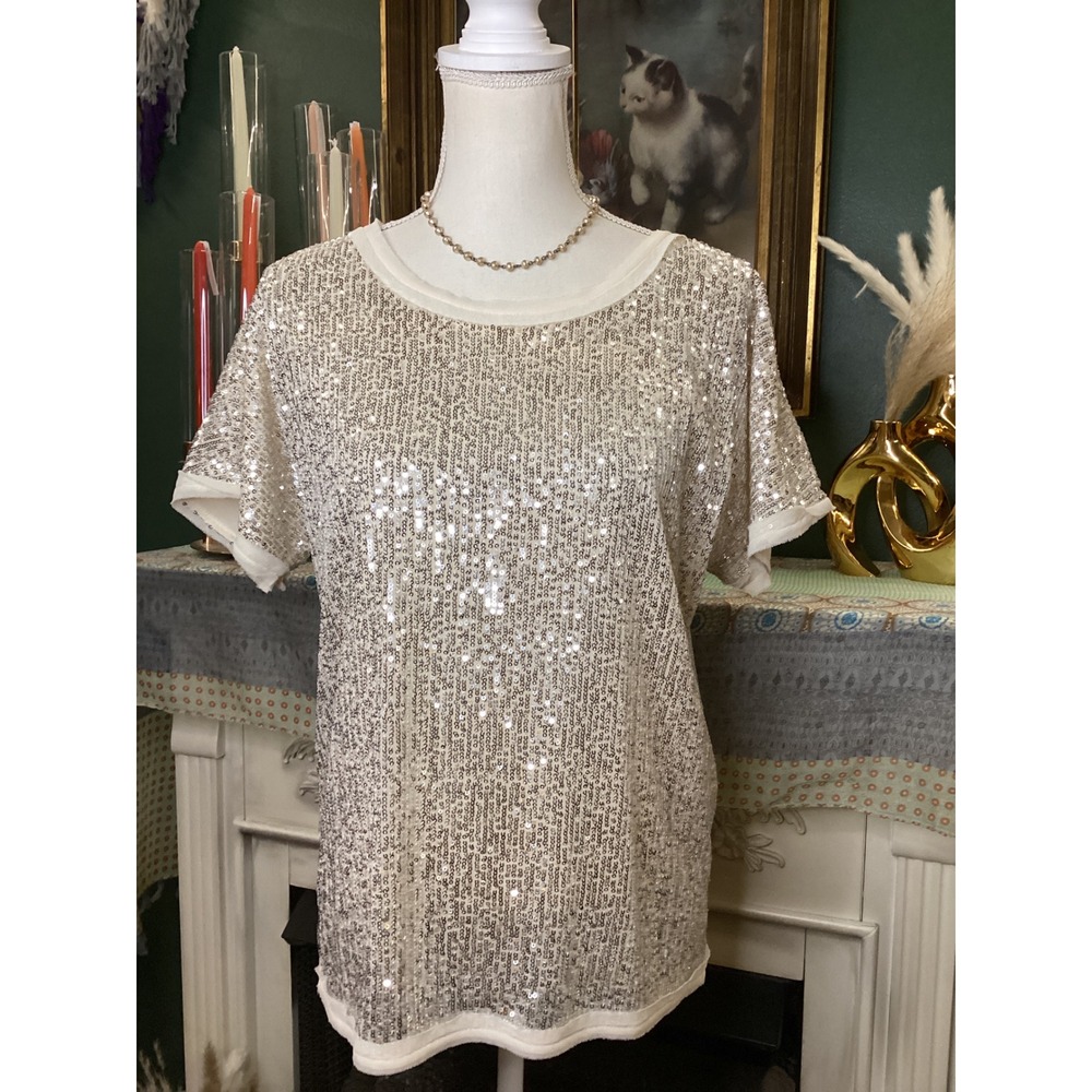 Entro Womens Silver Sequin Short Sleeve Top‎ Cream T12850 Small